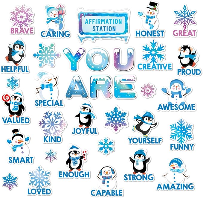 FYSUIMU 34Pcs Winter Bulletin Board Set Motivational Inspirational Christmas Paper Cutouts with 50Pcs Glue Points for Holiday Party Classroom Wall Decor