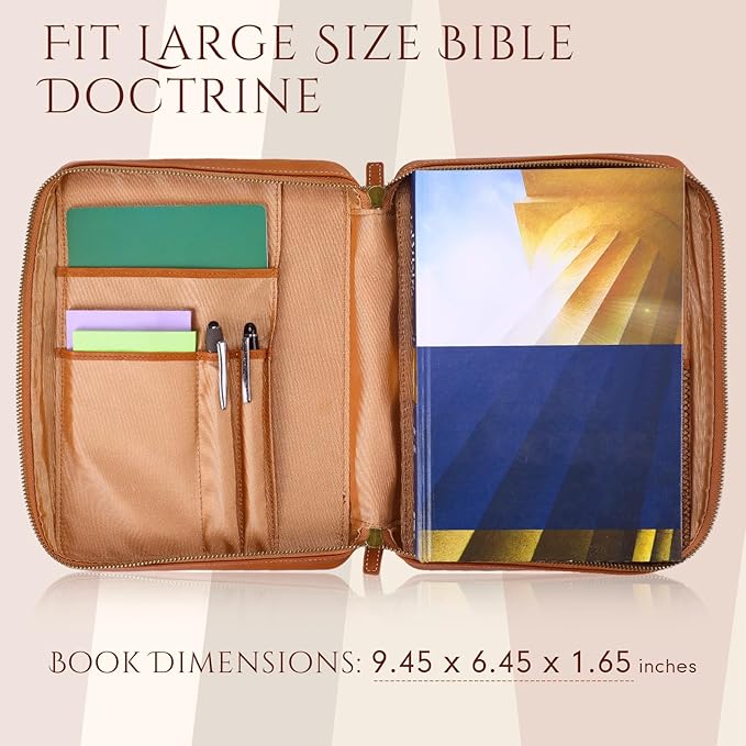 Top Grain Leather Bible Cover for Men Women Buffalo Genuine Leather Bible Case Book Holder Church Bag with Zipper Handle Back Pocket Bookmark Father's Day Religious Gift(Light Brown,Large)
