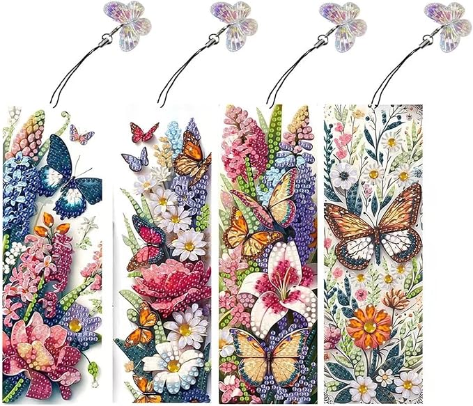 4pcs Butterfly Diamond Art Bookmarks,Flowers Diamond Painting Bookmark Kits for Adult,DIY Gem Art Small Crafts with Rhinestone Tassel,Paint by Diamonds for Birthday Reader Gifts(Butterfly02)