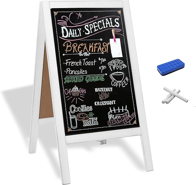 Ilyapa Wooden A-Frame Sign with Eraser & Chalk - 40 x 20 Inches Magnetic Sidewalk Chalkboard – White Menu Display for Restaurant, Business Or Wedding