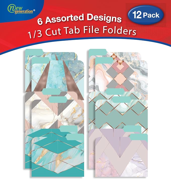 Decorative File Folders 1/3 Cut Tab, 12 Pack Marble Design, Heavyweight Laminated Letter Size (9.5” x 11.5”), Stylish Fashion File Folders for Home, Office & School Organization (Gold Marble)