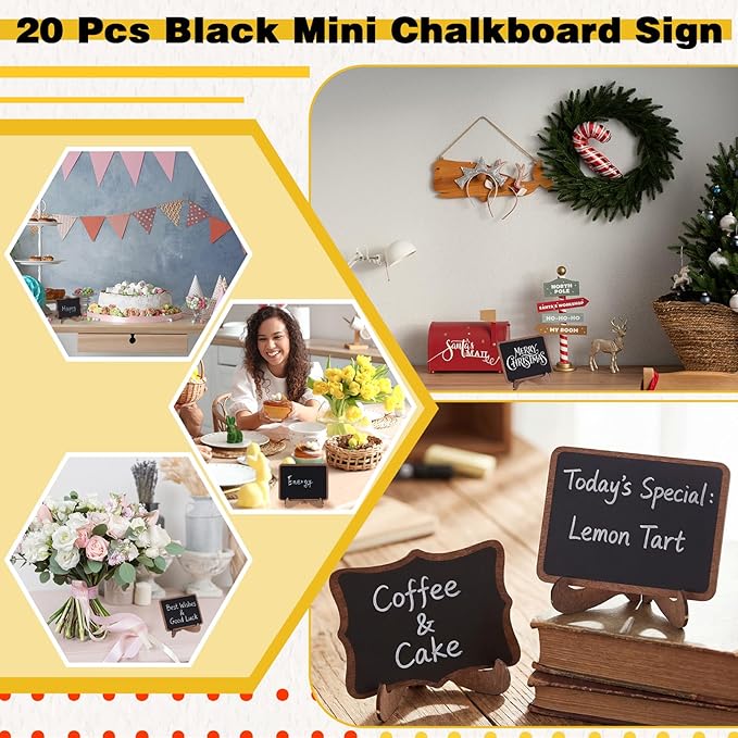 20 Pack Mini Chalkboards Signs with 12 Colored Chalk Pens 3 x 4'' Small Rectangle Chalkboards with Easel Stand Place Cards for Weddings Birthday Parties Message Board Sign