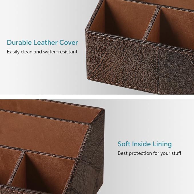 PU Leather Desktop Organizer, Home Luxury Remote Control Holder, Office Desk Accessory and Nightstand Storage Box, Vintage Style, Suitable for Living Room Tabletops (Brown Vintage)