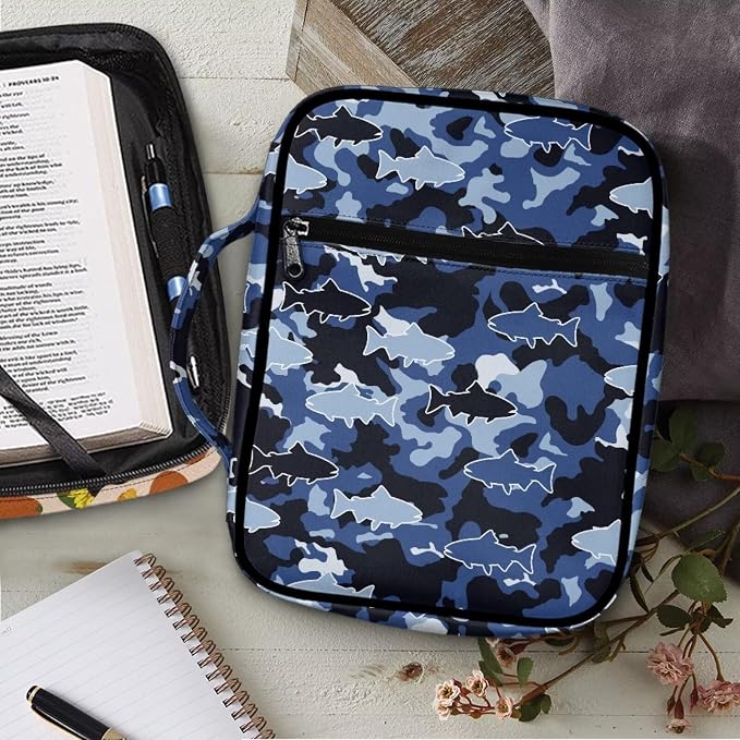 Coldinair Camouflage Shark Bible Cover for Men Large Bible Case Scripture Study Carrying Book Cover Church Bag Protective with Handle and Zippered Pocket