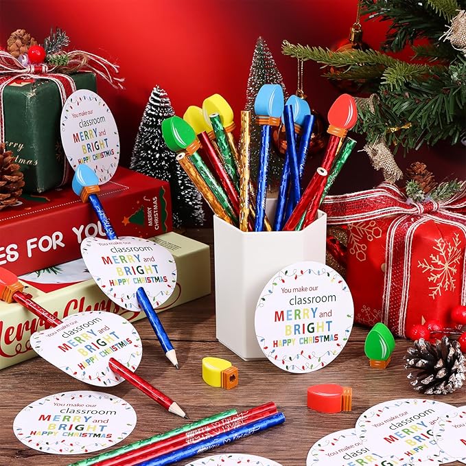 48 Sets Light Bulb Eraser Cute Mini Light Bulb Pencil Erasers with Merry Bright Cards Bag Multicolor Tiny Erasers for Back to School Party Gifts Rewards
