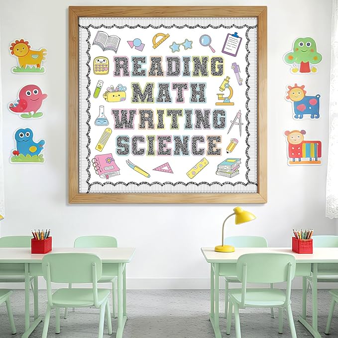Core Subjects Bulletin Board Set Composition Notebooks Classroom Decoration Reading Math Writing and Science Bulletin Board Core Subjects Pattern Signs Cutouts for Back to School Chalkboard Wall Decor