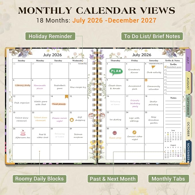 Academic Planner 2026-2027, 18 Months Weekly and Monthly Calendar Planner from July 2026 - December 2027, 7.3" x 10" B5 Large Hardcover Agenda Organizer Book with Tabs, Yearly Daily Planners for School Work Student Teacher, Black Garden