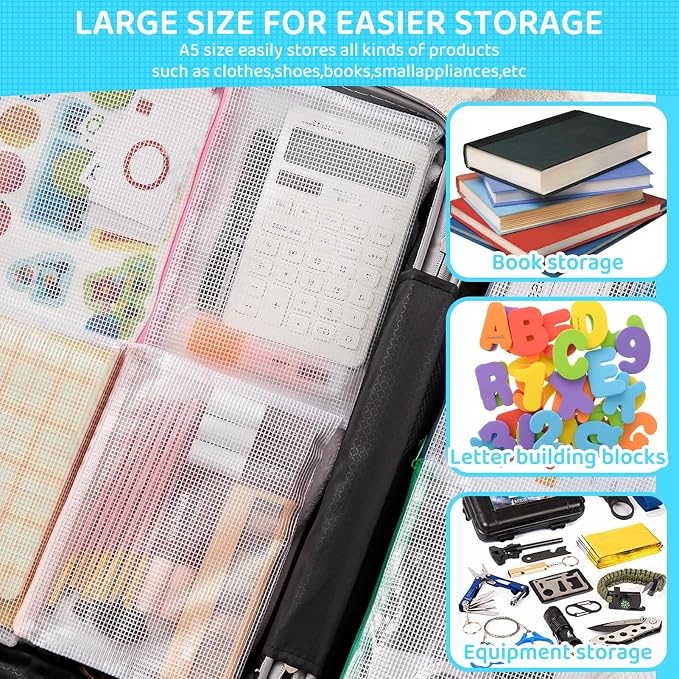 YOPCDJ 24pcs Mesh Zipper Pouch Bags, A5 9.4 x 6.9 Inches Reusable Zipper Bags Puzzle Storage Organizer 8 Colors Multipurpose for Travel Board Games Office Supplies and Home Organization