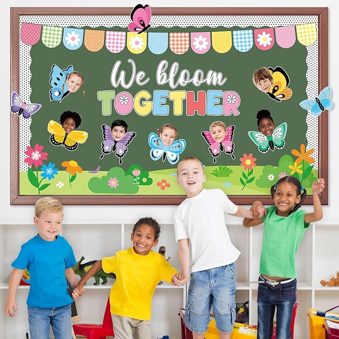 76PCS Spring Classroom Bulletin Board Decorations Set We Bloom Together Butterfly Flower Cutouts with DIY Photo Craft Spring Summer Floral Boarders for School Church Chalkboard Wall Decor Office Home