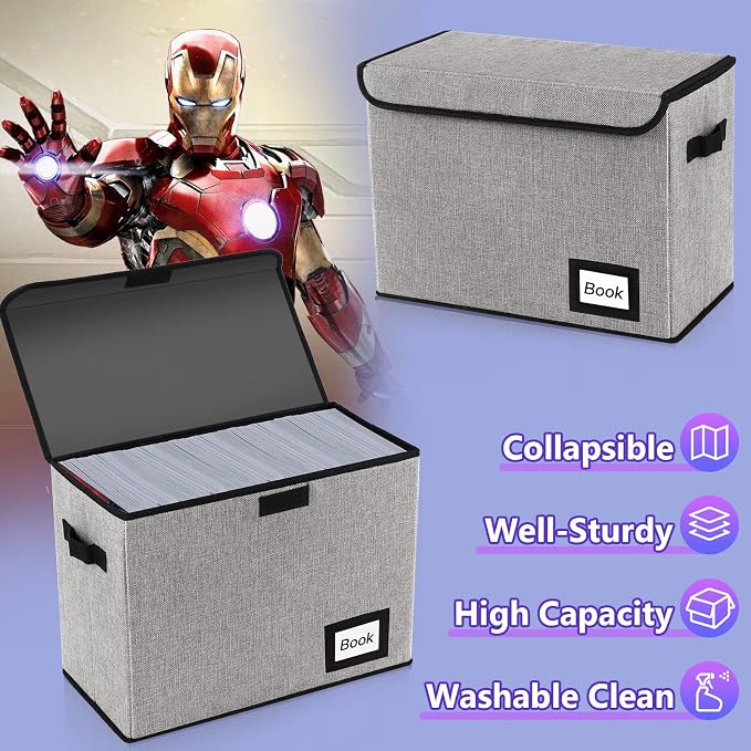 Collection Comic Book Storage Box, 15.8" X 7.8" X 11.8", Collapsible Comic Short Box, Holds 160-180 Comic Book, Heavy Duty Bin Container Holder Shelf Protector Organizer (Grey)