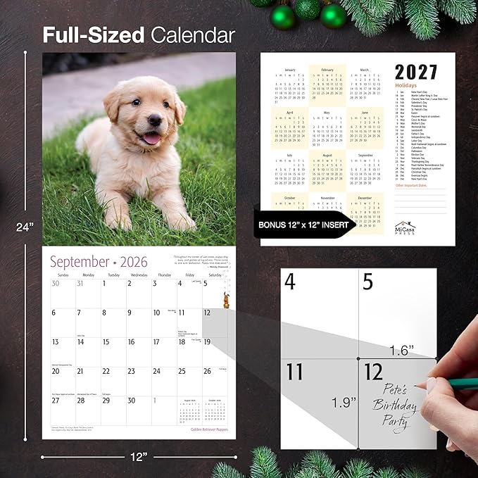 MICASA PRESS Golden Retriever Puppies 2026 Wall Calendar 12 Month | 12" x 24" Open | Thick & Sturdy Paper | Giftable | Cute Puppy Dog Calendar 2026