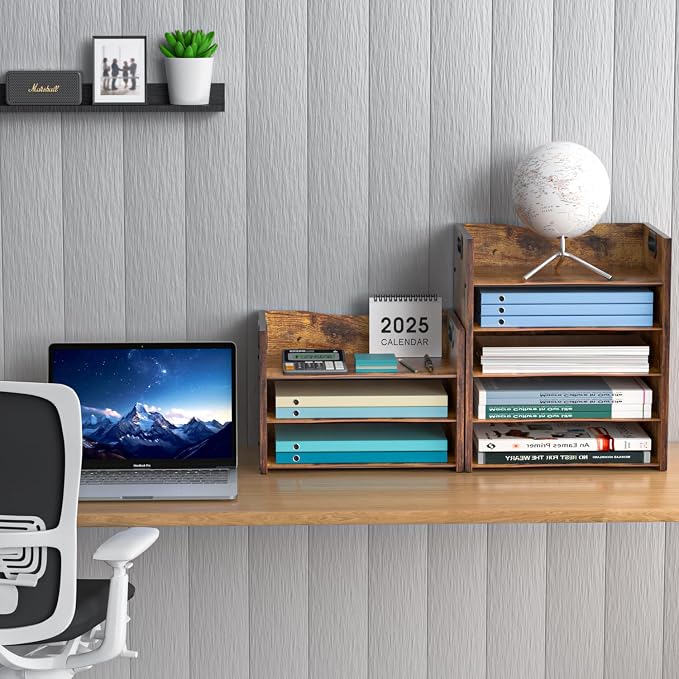 5-Tier Wood Paper Organizer, File Holder for Desk With Handle - Wooden Paper Letter Tray, Desk Organizer and Accessories, File Cabinet for Home Office, School