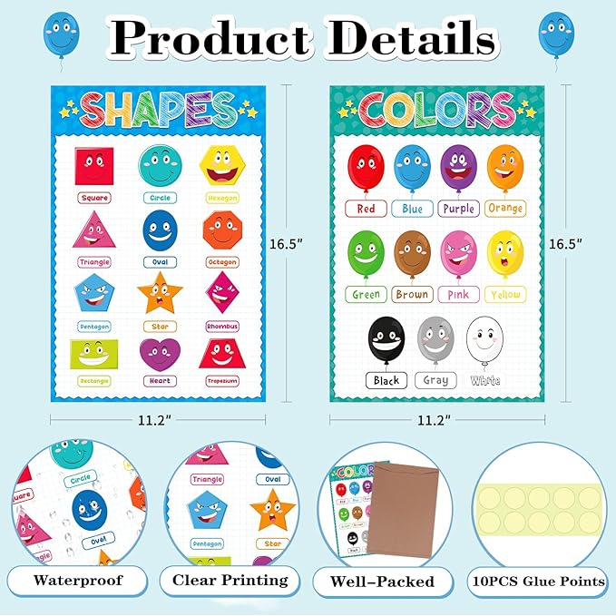 D4DREAM Preschool Posters - 2Pcs Toddler Learning Posters Laminated Shapes Color Poster for Classroom Decoration Pre-K Kindergarten Homeschool Nursery Daycare Essentials for Teacher Supplies