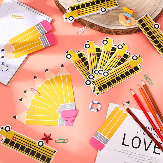 Eersida 48 Pieces Bookmarks Bulk for Kids 2 Styles Classroom Book Marks Cute Book Marks School Bus and Pencil Pattern for Students Back to School Gift Teacher Rewards Prizes First Day Party Favors