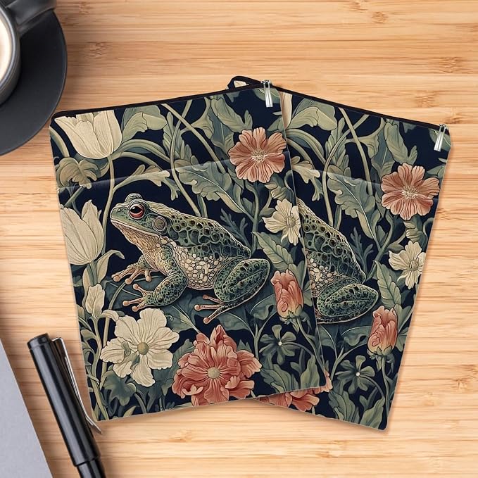 Vintage Flower Frog William Morris Book Sleeve for Book Lovers, Bookish Book Protector with Zipper, Washable Fabric Book Cover for Paperbacks & Hardcovers,11.4 x 9.1Inches (Green-Frog, Medium)