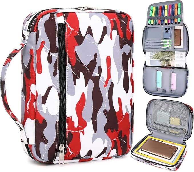 Kids Bible Case Bible Cover for Boys, Scripture Bag for Boys Bible Carrier for Kids with Handle and Zippered Pocket, Camo Red