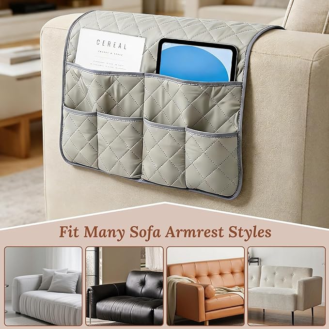 Sofa Armrest Organizer with 6 Pockets, Remote Control Holder for Recliner, Non-Slip Couch Chair Armrest Caddy Bedside Storage for Magazine Book TV Phone iPad Tablet, Grey
