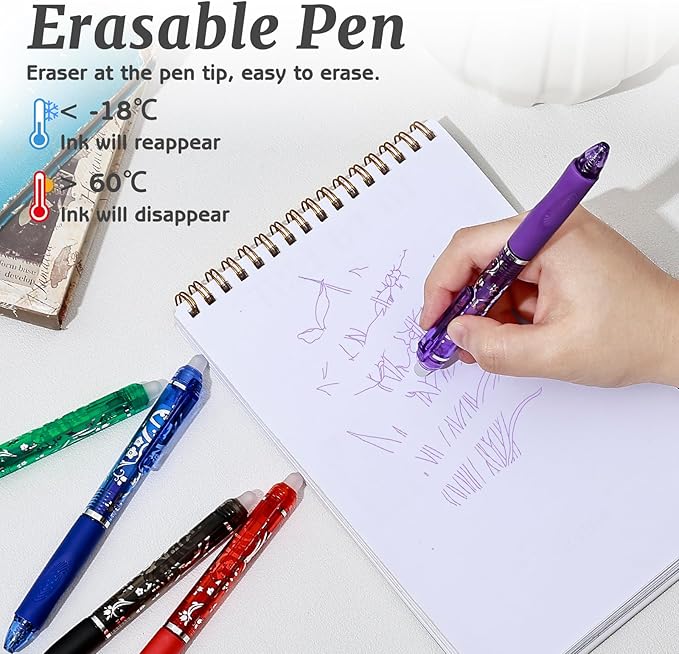 6 Colors Retractable Erasable Pens, Colored Gel Ink Pens Clicker with Erasers, 0.5mm Fine Point Smooth Writing Pen for Journaling Note-Taking Crossword Puzzles Supplies (Multicolor)