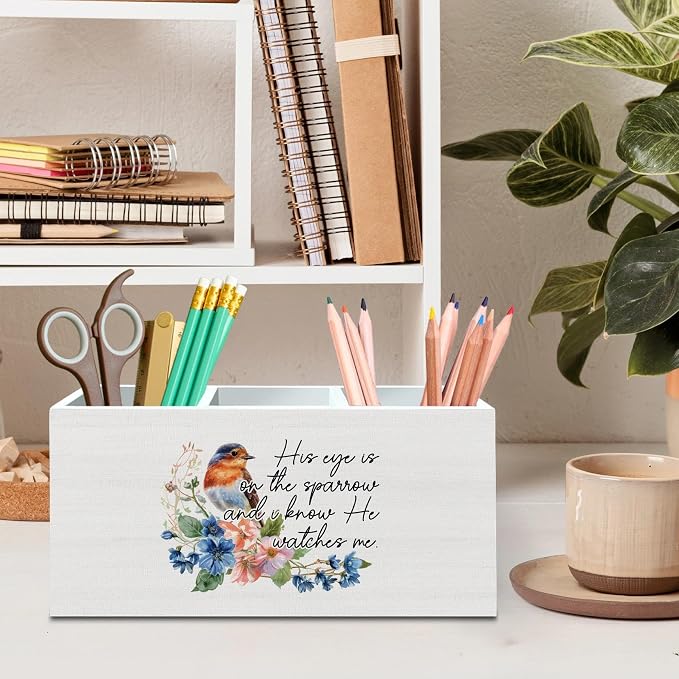 DILSJ Christian Bird Pen Pencil Holder Organizer for Desk, Christian Gifts for Women, His Eye Is on the Sparrow Bible Verse Bird Wooden Box Signs for Home Office Desk Tabletop Decoration