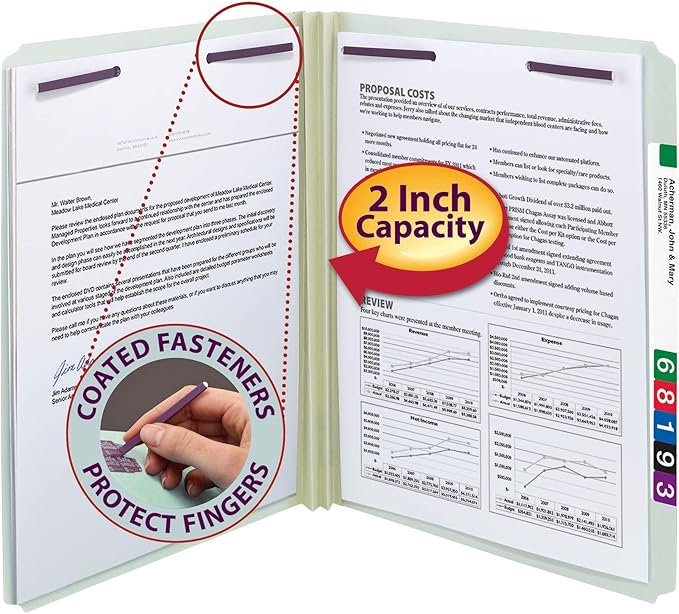 Smead Pressboard Fastener File Folder with SafeSHIELD Fasteners, 2 Fasteners, Straight-Cut Tab, 2" Expansion, Letter Size, Gray/Green, 25 per Box (14910)