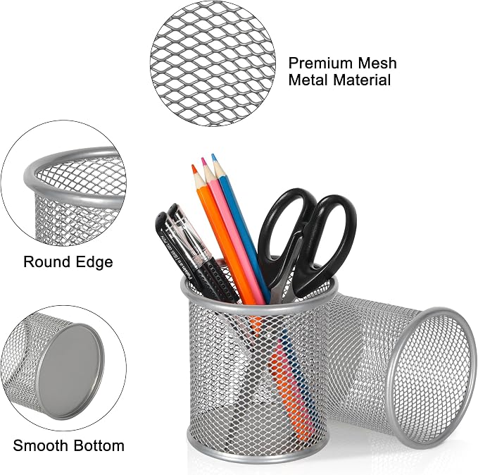 EasyPAG Pencil Holder for Desk, 2 Pack Metal Pen Organizer, Mesh Pencil Cup Organizer for Home, Office, Classroom, School, Silver