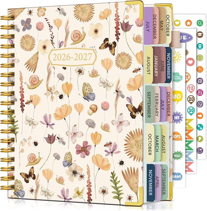 Academic Planner 2026-2027, 18 Months Weekly and Monthly Calendar Planner from July 2026 - December 2027, 7.3" x 10" B5 Large Hardcover Agenda Organizer Book with Tabs, Yearly Daily Planners for School Work Student Teacher, Insect Garden