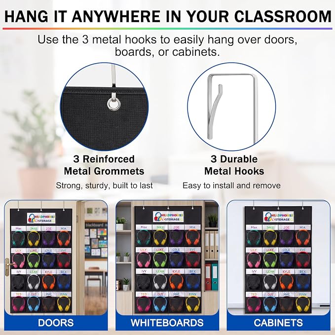 AmazingSpark 16 Pockets Classroom Headphone Storage Thickened Non-woven Fabric Mesh Pocket Chart over The Door Hanging Cell Phone Organizer with Signed Card for Back to School Library Classroom,Black