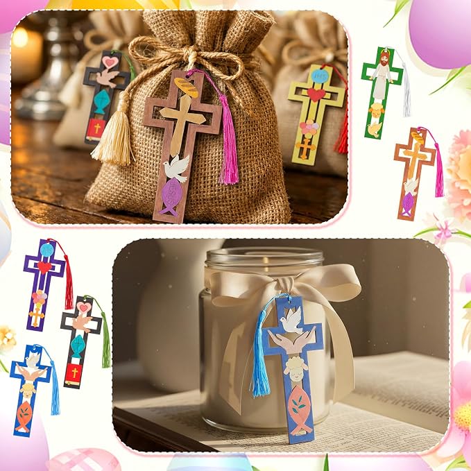 Yexiya 100 Pcs/ 50 Sets Christian Cross Crafts for Kids Wooden Religious Cross Bookmarks with Tassels for Baptism Sunday School Christian Religious Gifts for Vacation Bible Classroom and Church Events