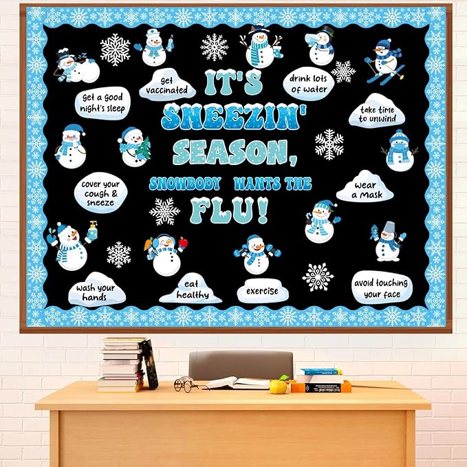 Winter Health Bulletin Board Set Snowman Flu Prevention Classroom Decor Sneezing Season Paper Cutouts for Door Wall Decor Christmas Winter Holiday Party Supplies