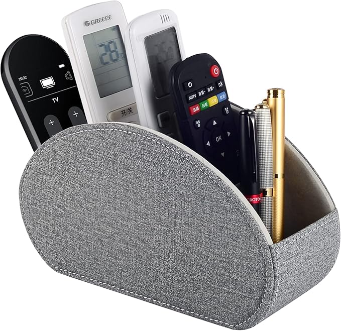Tv Remote Holder Tray with 5 Compartments,PU Leather Remote Control Holder/Caddy Nightstand Decoration,Placed Media Remote Storage Box/Glasses/Makeup Brush/Office Products/Desktop Organizer (Grey）