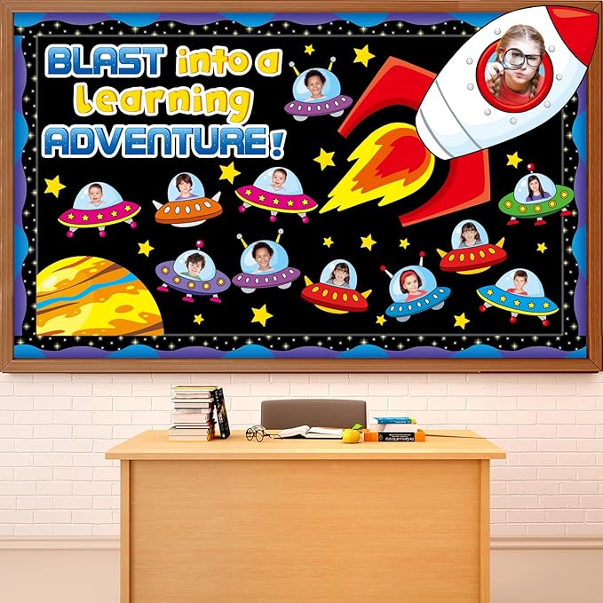 Outer Space Bulletin Board Set Blast into A Learning Adventure Classroom Bulletin Board Decorations Spacecraft DIY Photo Space Themed Cutouts for Back to School Kids Classroom Chalkboard Wall Decor