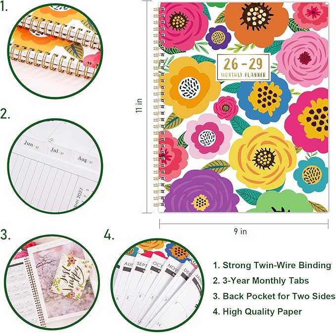2026-2029 Monthly Planner - 3 Year Monthly Planner 2026-2029, Jul.2026 - Jun.2029, 9" x 11", 3 Year Calendar with 36-Month Tabs, Inner Pocket - Floral