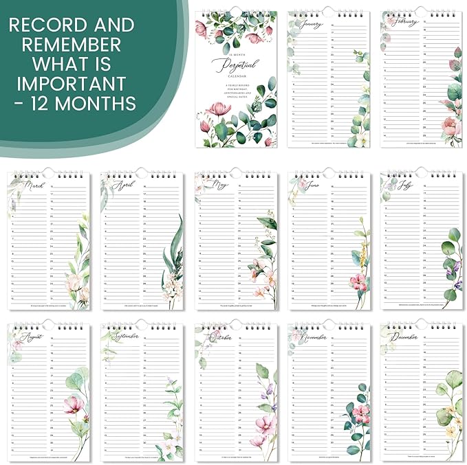Perpetual Calendar - 12-Month Undated Calendar from Jan. to Dec., 6'' X10'' Perpetual Calendar with 2 Lines Per Days, Reminding Anniversaries, Birthdays, Festivals, Birthday Reminder Book with Thick Paper - Purple Flower