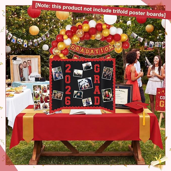 Red 175 Pcs Graduation Photo Display Board Sticker Glitter Border Trim Alphabet Letter Number for 2026 Grad Party Trifold Poster Photo Display Science Fairs Event Displays Bulletin Board
