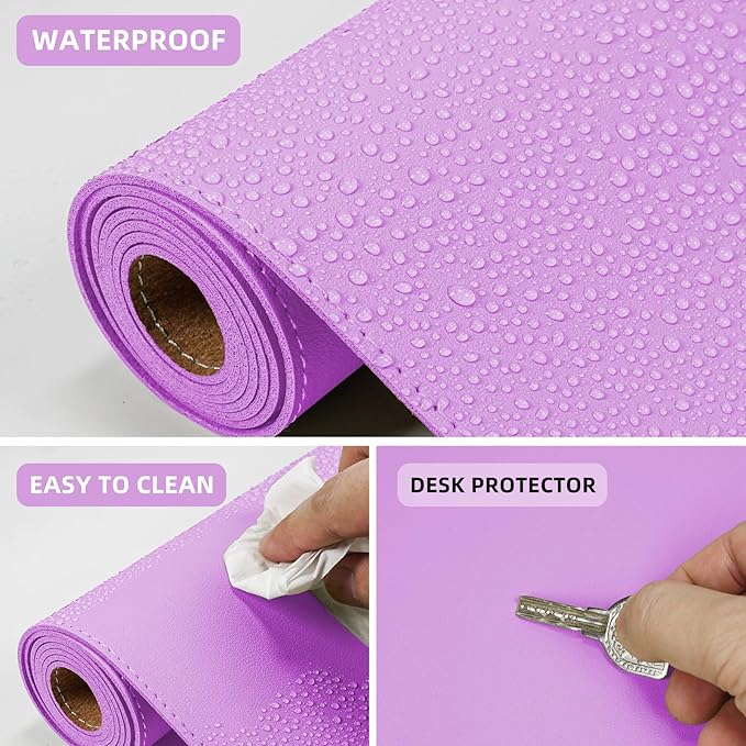 AFIING Leather Desk Pad Protector, Large Desk Mat with Natural Cork & PU Leather, Mouse Pad, Non-Slip, Waterproof Desk Writing Pad for Office and Home, Purple