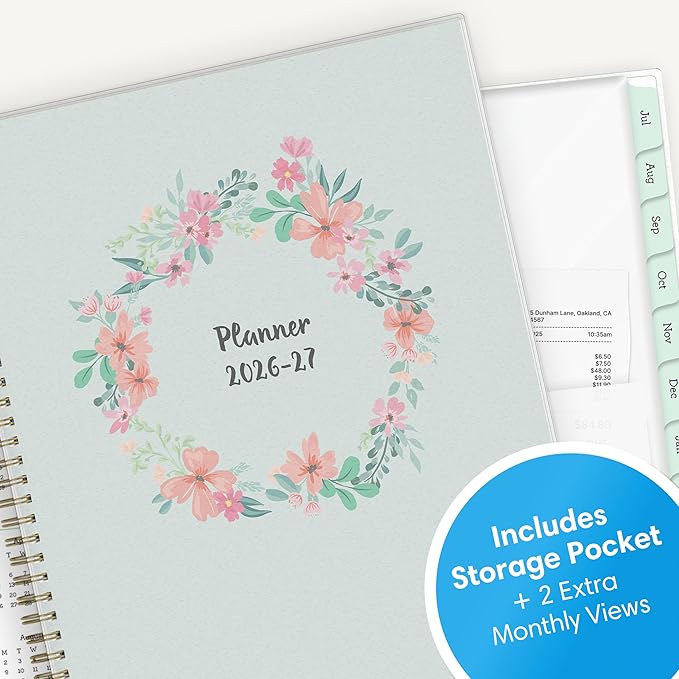 Blue Sky 2026-2027 Weekly and Monthly Academic Year Planner Calendar, July 2026 - June 2027, 8.5" x 11", Flexible Cover, Wirebound, Laminated Tabs, Storage Pocket, Laurel