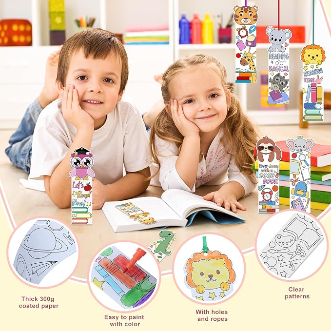 140PCS Color Your Own Bookmarks, 14 Styles Animal DIY Coloring Blank Bookmarks for Kids, Cartoon Animal Unfinished Page Marker for Reading Lover, Party Game Prize Classroom