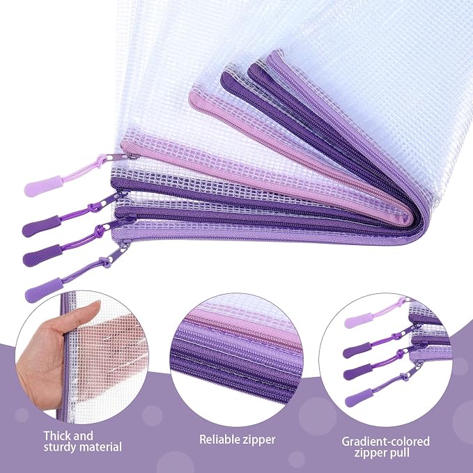 Feifeiya 24 Pack Purple Mesh Zipper Pouch Bags, A4 Size Clear Mesh Zipper Storage Bags Bulk for School Office Organization