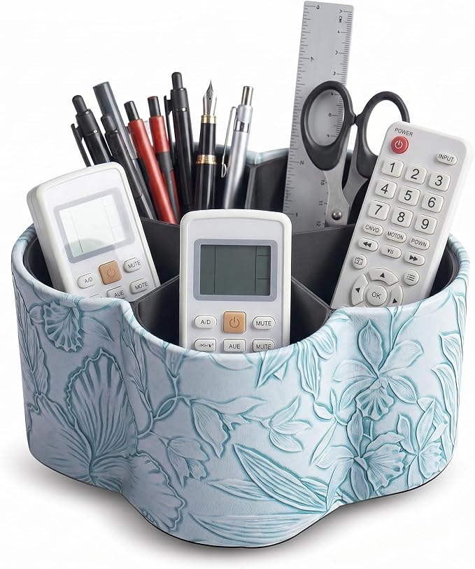 Flower Shaped Leather Art Supply Organizer,Remote Control Holder,360 Degree Spinning,Multi-Functional Pencil Holder,5 Compartments Desktop Stationary Organizer(1-Flower Blue)