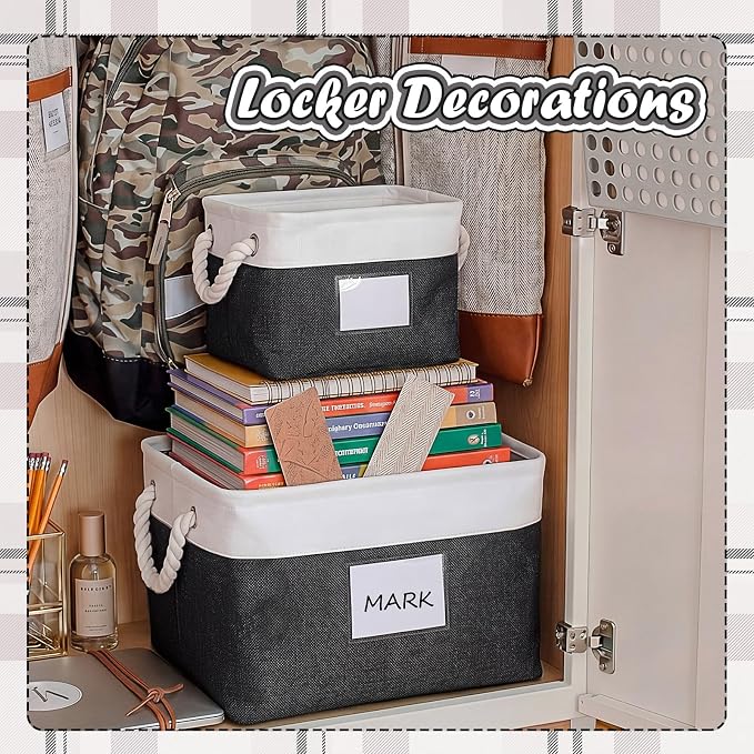 Gerrii 2 Pcs Locker Accessories Kit Black Locker Organizers Storage Bin with PVC Label Fabric Basket Back to School Essentials Sturdy Cube Storage Bin for Back to School Cabinet Organizer Decor