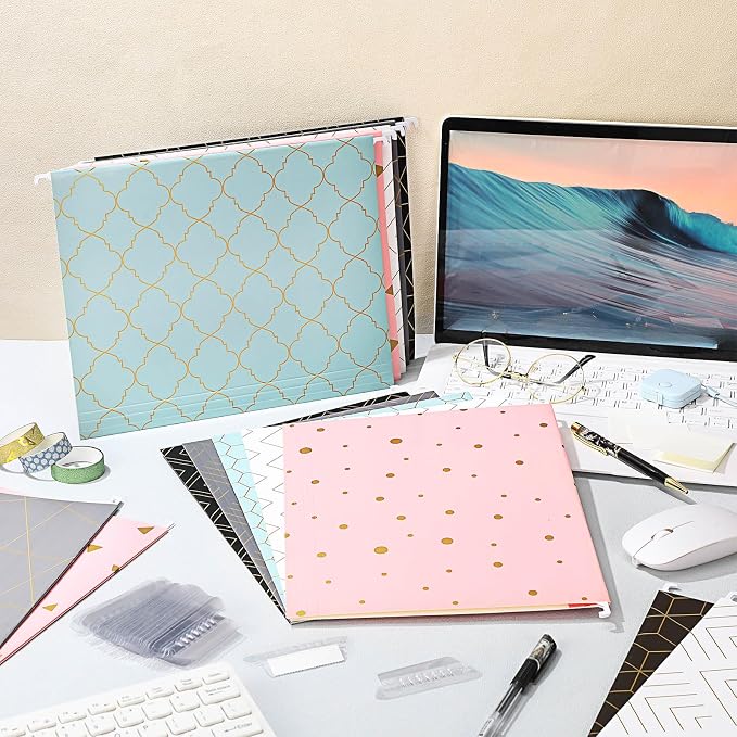 30 Pcs Geometric Hanging File Folders, Including Adjustable Tabs and Inserts, Letter Size Decorative Hanging File Cabinet Inserts Organizer for Desk Office, 5 Colors Gold Foil Designs