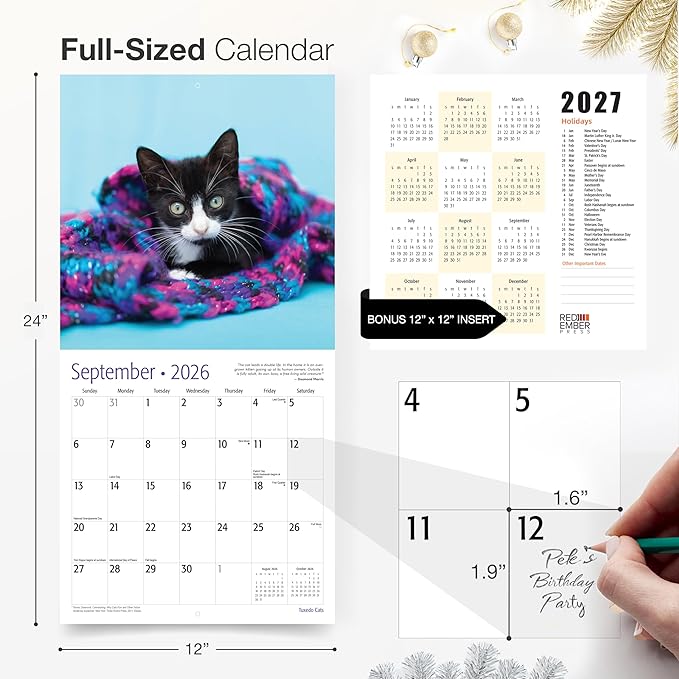 RED EMBER Tuxedo Cats 2026 Wall Calendar 12 Month | 12" x 24" Open | Thick & Sturdy Paper | Giftable | Cute Kitten Cat Calendar 2026