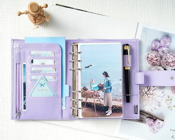 Moterm Personal Luxe Rings Planner - Genuine Leather Binder Organizer (30mm Ring, Pebbled-Lavender)
