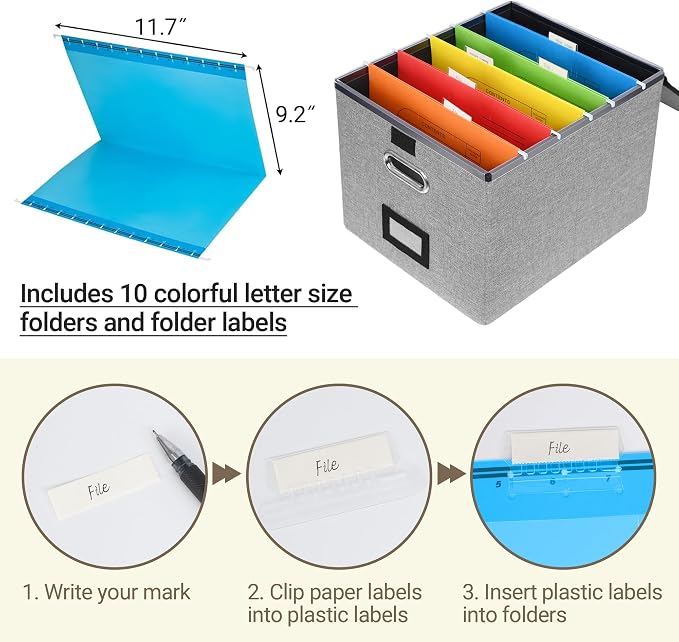 2Pack File Storage Organizer with 10 Hanging Folders & Plastic Slide, Collapsible Linen File Box with Lid for Office, Home, Moving, Portable File Storage Organizer for Letter/Legal Size, Pink