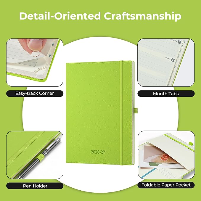 Weekly Monthly 2026-2027 Planner (July 26-Dec 27),11.5"x8.5",18 Months Agenda Plan with Month Tabs & Pocket,Expenses/Note Pages, Academic Calendar with Vegan Leather Cover,Wasabi Green