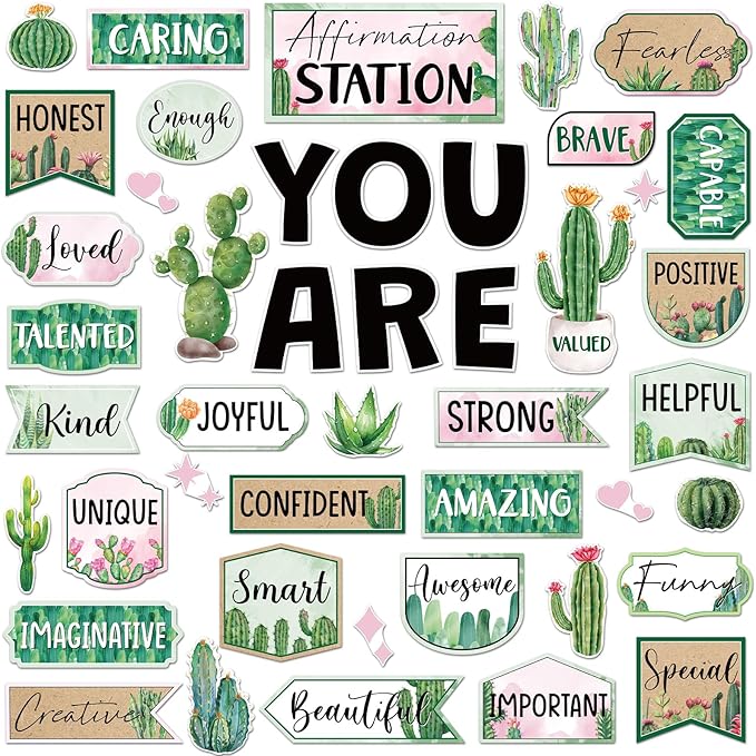 45pcs Cactus Affirmation Station Bulletin Board Set Motivational Posters Classroom Mirror Growth Mindset Decor Positive Affirmations Accents Cutouts for School Office Home Teacher Wall