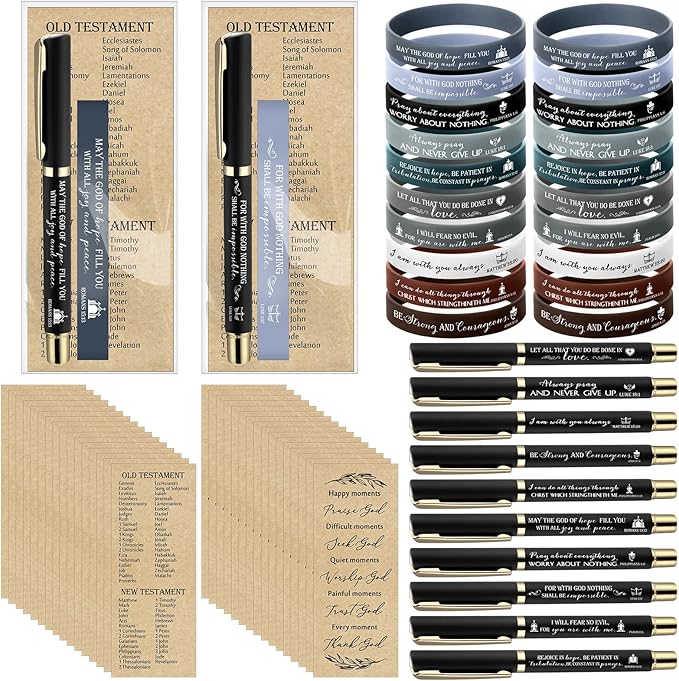 Gueevin 40 Sets Christian Gifts Bulk for Father Religious Faith Bookmarks Bible Verse Gel Pen Bible Scripture Silicone Bracelet for Men Women Church Basket Stuffers(Black,Classic)