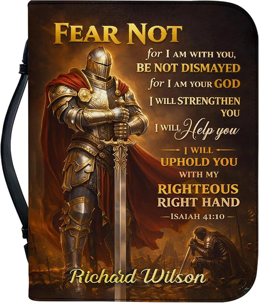 Personalized Man of God Bible Cover for Men, Christian PU Leather Bible Case with Handle Zipper, God Says I Am Warrior Scripture Bible Holder, Religious Gift for Men (I Will Strengthen You)