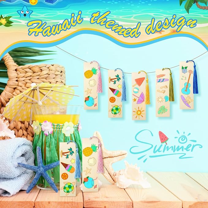 AmazingSpark 100 Pcs Hawaiian Wood Bookmarks Bulk DIY Crafts Kit, 50 Set Summer Blank Coloring Bookmarks with Tassel for Classroom Reward Gifts, End of Year Gifts, Luau Birthday Party Favor