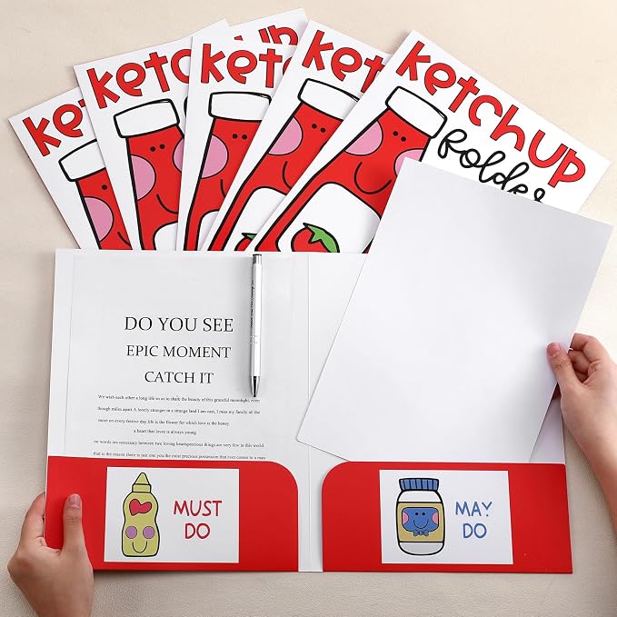 MotiMind 6 Pcs Ketchup Folders with Pockets 11.5 x 9.5 inches Cute Coated Paper 2 Pocket Folders for School Office Business Home